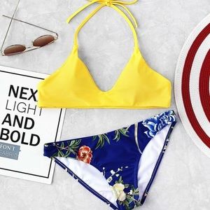 Yellow scoop bikini top & blue bikini bottoms
